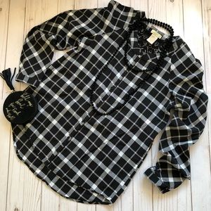 LOVE ON TAP Plaid & Black Lace Top